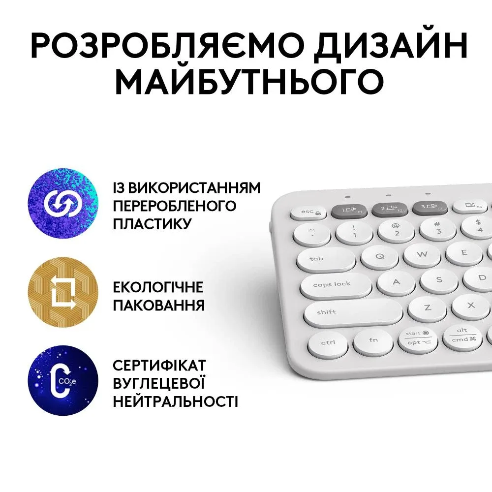 Клавіатура Logitech пластикова бездротова Bluetooth 124х279х16 мм Білий