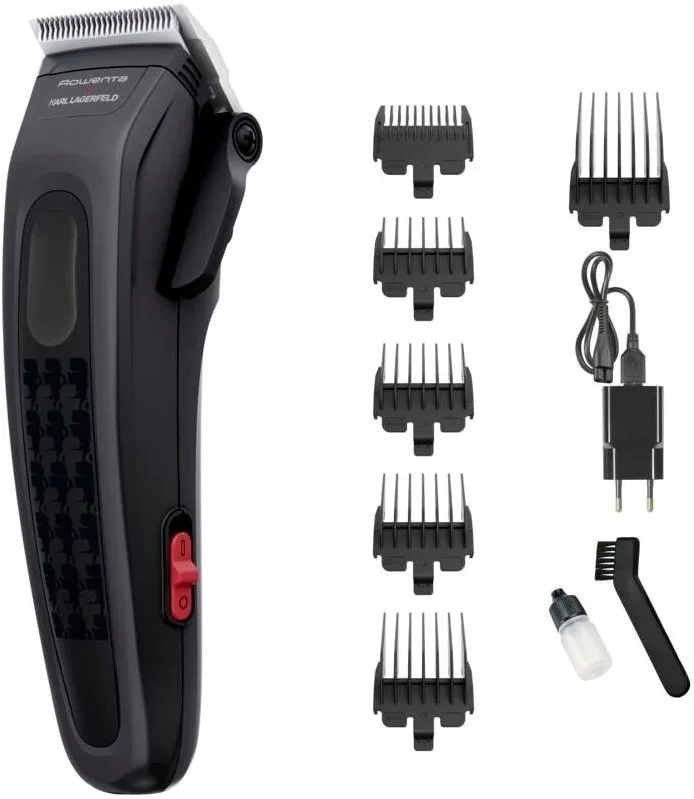 Машинка для стрижки Rowenta Karl Lagerfeld Precision Cut, сетевой+аккумуляторный, роторный мотор, 6 насадок, сталь, черный