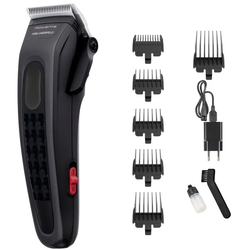 Машинка для стрижки Rowenta Karl Lagerfeld Precision Cut, сетевой+аккумуляторный, роторный мотор, 6 насадок, сталь, черный