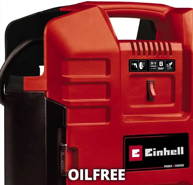 Компресор автомобільний акумуляторний Einhell TE-AC 36/8 Li OF Set-Solo PXC, 36В, 130л/хв, в формі валізи, безмасляний, пістолет і шланг в комплекті, без АКБ та ЗП