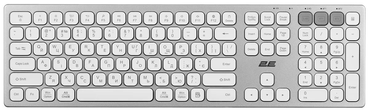 Клавіатура ножнична 2E KS270 109key, WL/BT, EN/UK, сріблясто-білий