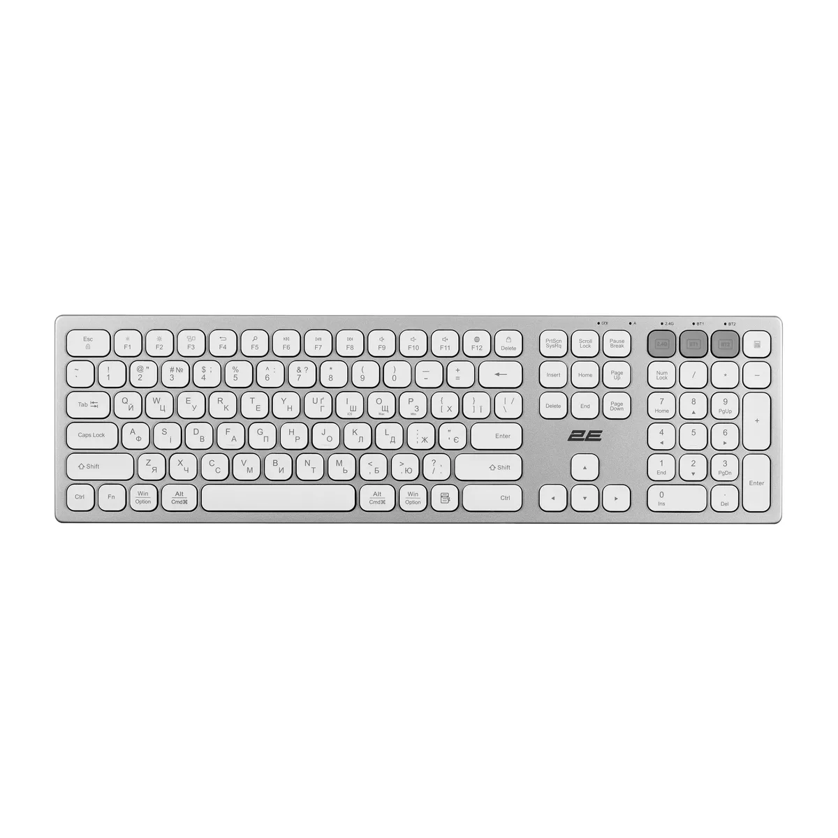 Клавиатура ножничная 2E KS270 109key, WL/BT, EN/UK, серебристо-белая