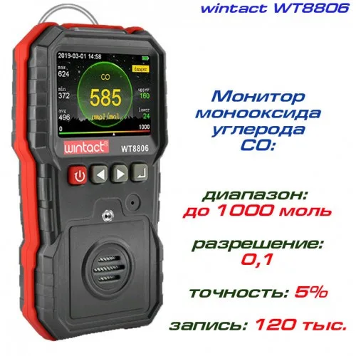 Детектор чадного газу портативний WINTACT WT8806 0-1000 μmol/mol кольоровий дисплей