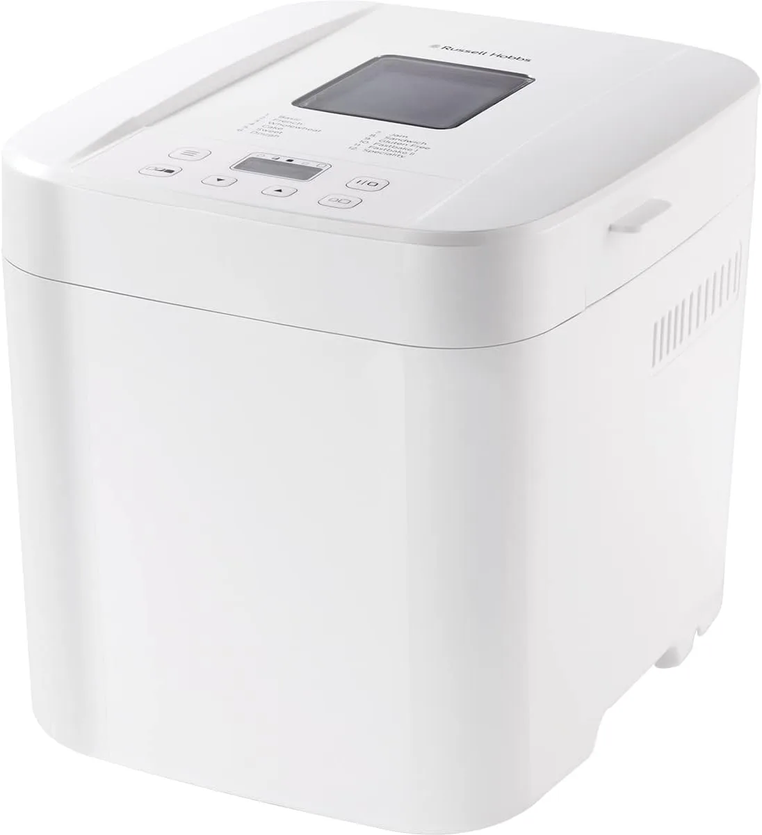 Хлібопічка Russell Hobbs 600 Вт, 12 програм, максимальна вага 1 кг, прямокутна форма, пластиковий корпус, білий колір.