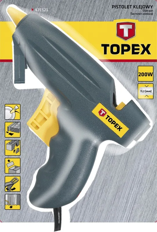 Клейовий пістолет TOPEX 20/200Вт, стрижні 11мм, вага 0.3кг, швидкість подачі 12г/хв.