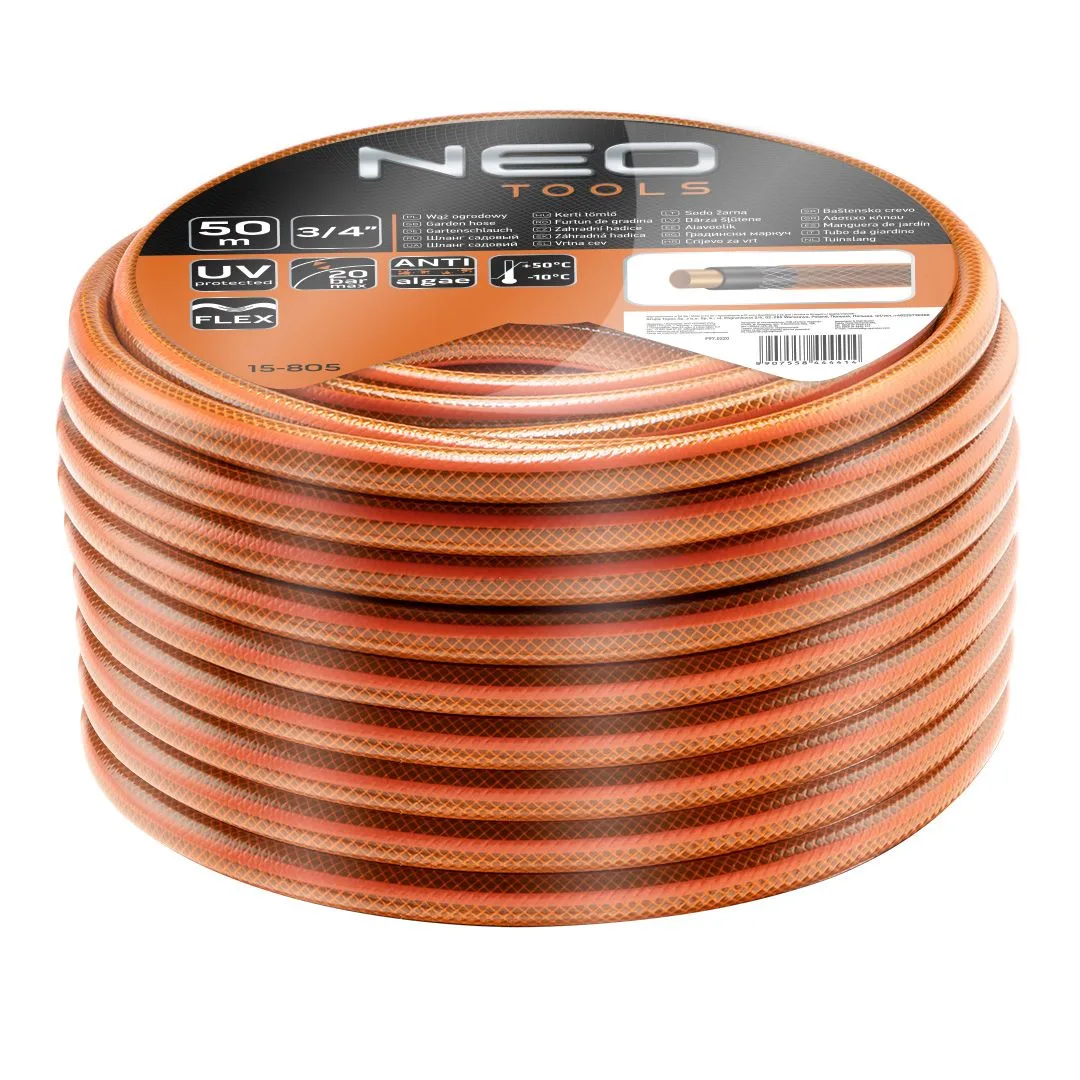 Садовый шланг Neo Tools Economic, 3/4", 50м, 4-слойный, с рабочим давлением до 20 бар, температура эксплуатации -10+50°C