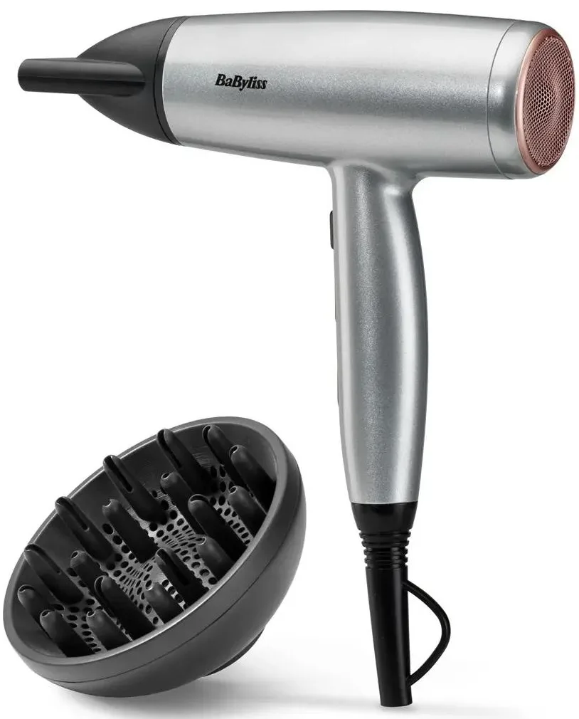 Фен для волосся Babyliss Cosmos, потужність 2100 Вт, 3 швидкості, іонізація, холодний обдув, 2 насадки, сірий колір.