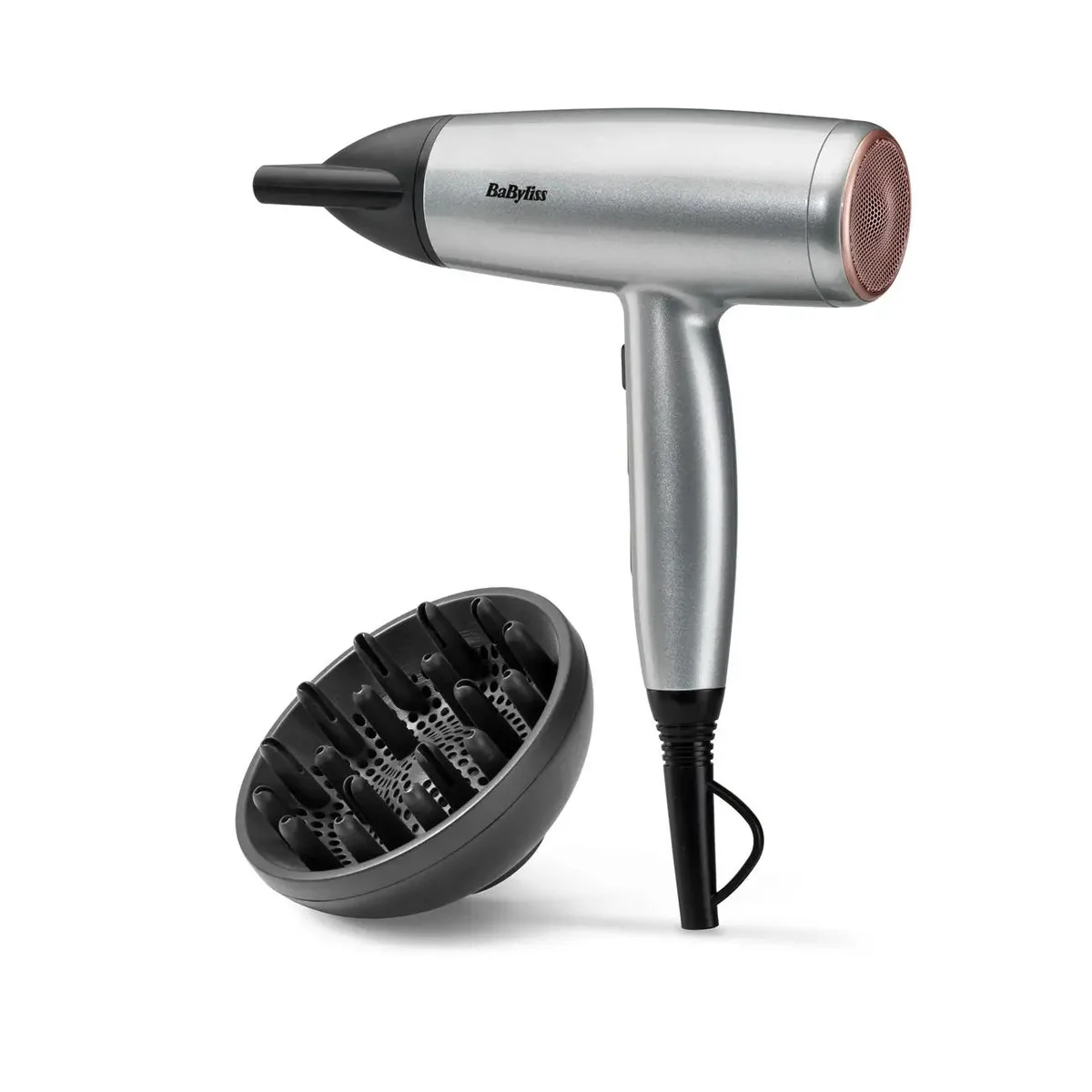 Фен для волосся Babyliss Cosmos, потужність 2100 Вт, 3 швидкості, іонізація, холодний обдув, 2 насадки, сірий колір.