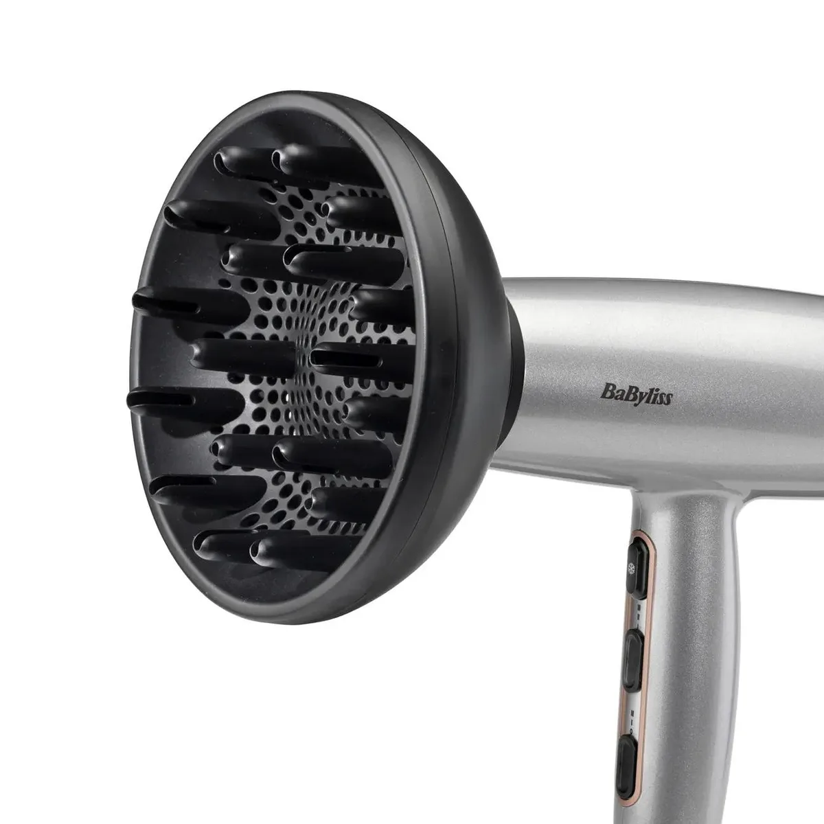 Фен для волосся Babyliss Cosmos, потужність 2100 Вт, 3 швидкості, іонізація, холодний обдув, 2 насадки, сірий колір.