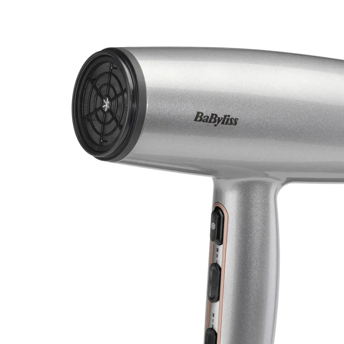 Фен для волосся Babyliss Cosmos, потужність 2100 Вт, 3 швидкості, іонізація, холодний обдув, 2 насадки, сірий колір.