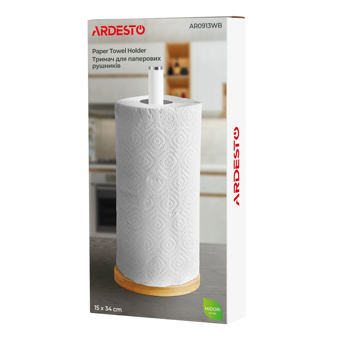 Тримач для рушників ARDESTO Midori, 15х34 см, металевий з бамбуковими елементами, білий.