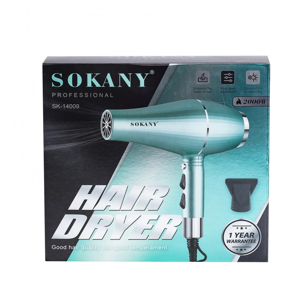 Фен для волос Sokany 2000 Вт с двумя концентраторами зеленый