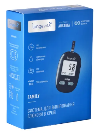 Глюкометр Longevita Family електрохімічний для вимірювання глюкози в крові 0,5-33,3 ммоль/л