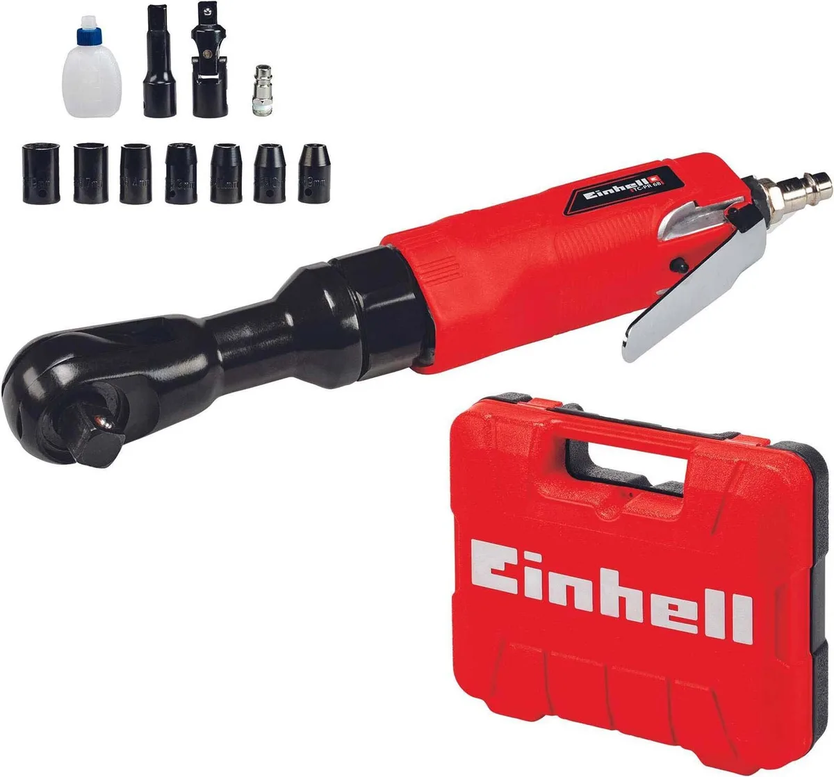 Пневматична викрутка Einhell TC-PR 68, 6.3 бар, 68 Нм, 114 л/хв, у кейсі, вага 1.23 кг.