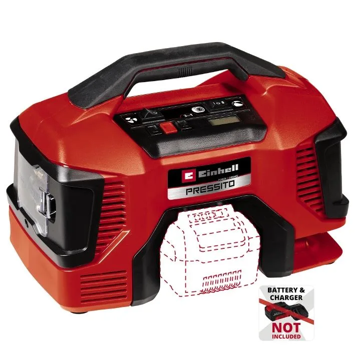 Акумуляторний повітряний компресор Einhell PRESSITO 18/21, 18В PXC, продуктивність до 14л/хв, тиск до 10.5бар, для високого та низ