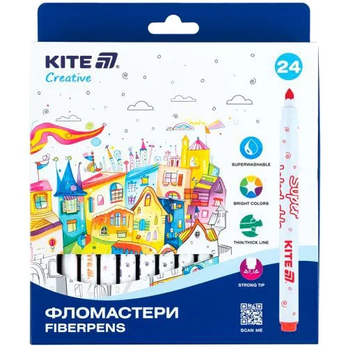 Фломастери набір 24шт Kite Creative суперзмиваються для малювання та творчості кольорові маркери