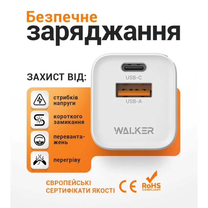 Мережевий зарядний пристрій WALKER 33W GAN Type-C USB 34х30х61 мм Білий