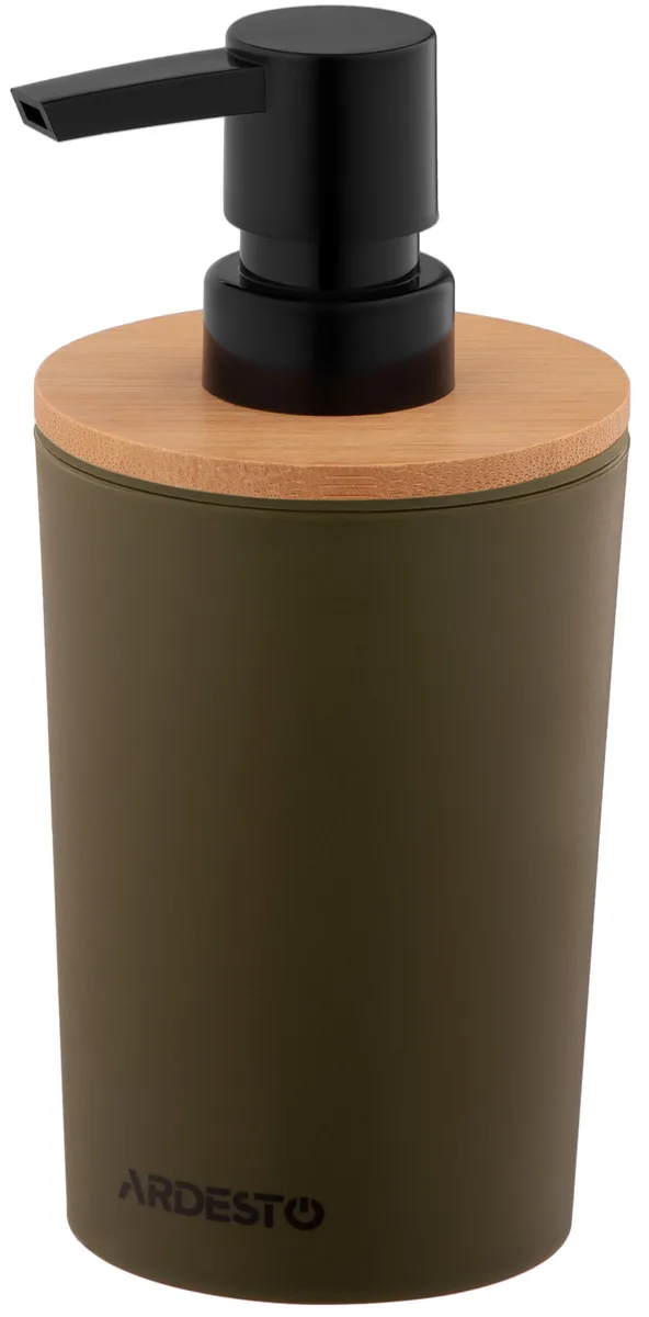 Диспенсер для жидкого мыла ARDESTO Minimalism 380 мл, из полипропилена и бамбука, темно-зеленого цвета.