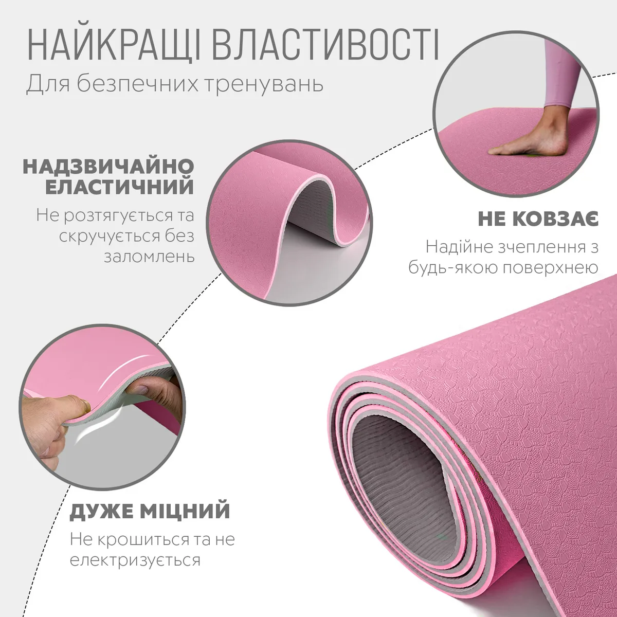 Килимок для йоги EasyFit TPE 183х61 см 6 мм рожевий-сірий