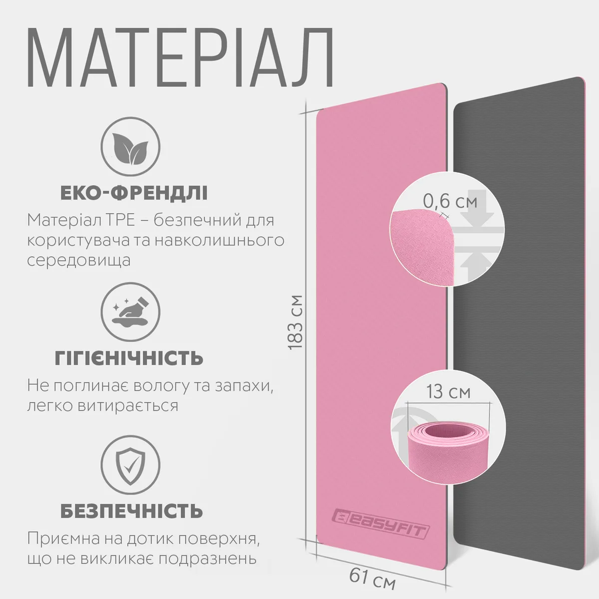 Килимок для йоги EasyFit TPE 183х61 см 6 мм рожевий-сірий
