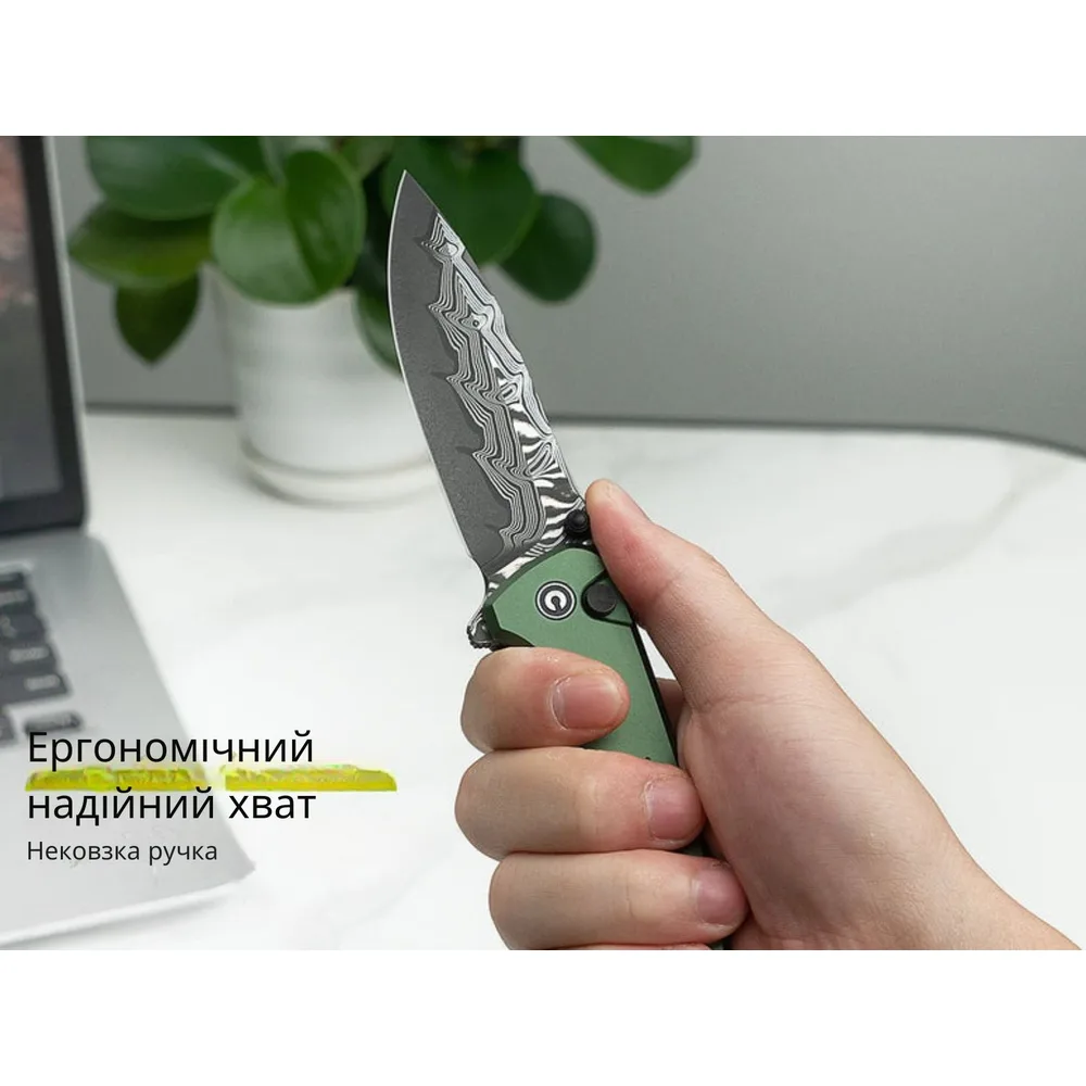 Складной нож Civivi, дамасская сталь, длина 88,8 мм, алюминий, темно-зеленый, вес 85,1 г.