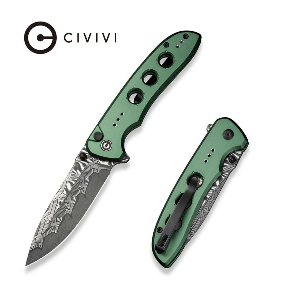 Складной нож Civivi, дамасская сталь, длина 88,8 мм, алюминий, темно-зеленый, вес 85,1 г.