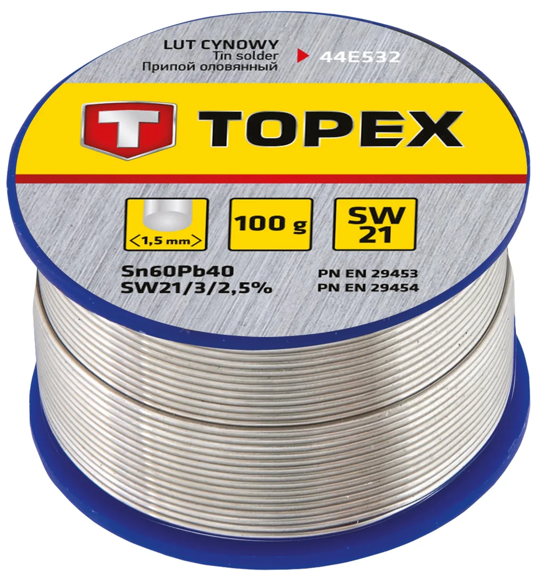 Припій олова TOPEX Sn60Pb40 з флюсом SW21, дріт 1.5мм, 100г.