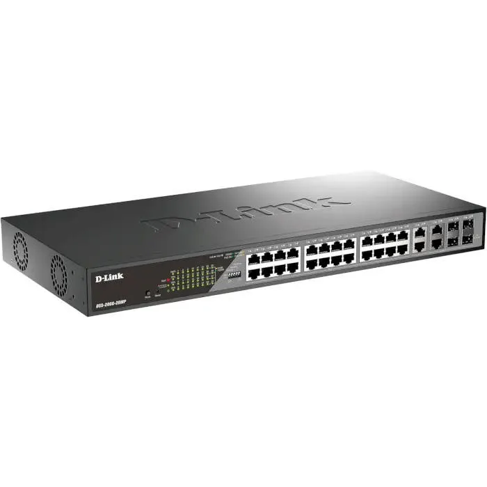 Коммутатор D-Link DSS-200G-28MP 24xGE PoE, 4xSFP/GE, 370W, Некоммутируемый