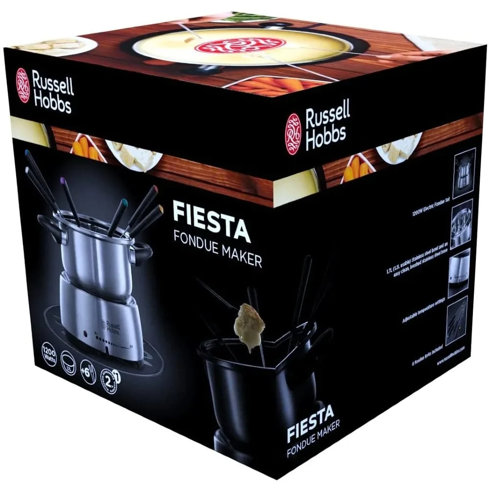 Електричний фондю Russell Hobbs Fiesta, об'єм 2 л, потужність 1200 Вт, 6 виделок у комплекті, нержавіюча сталь, сірий колір.
