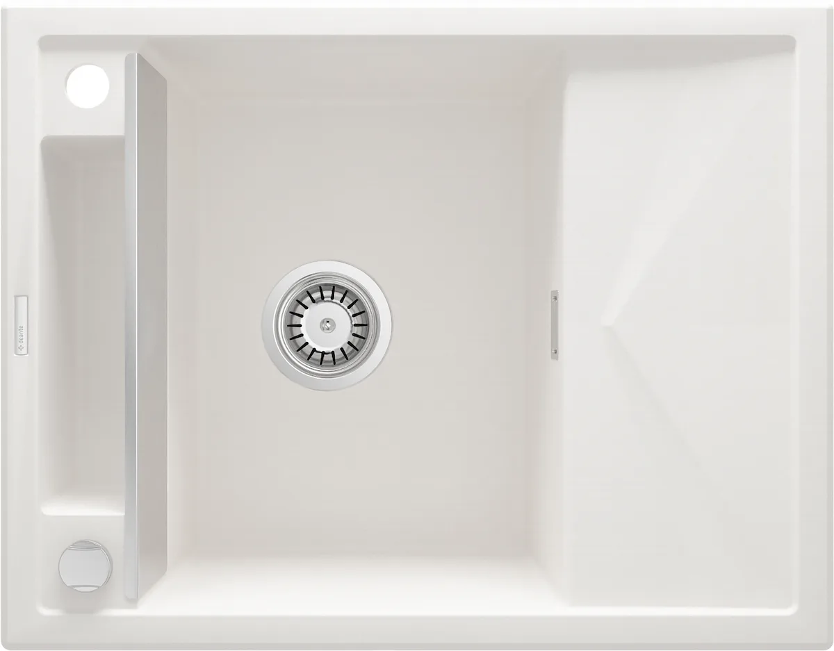 Кухонна мийка Deante Magnetic, гранітна, прямокутна, з бічним крилом, розміри 640х500х219мм, однокамерна, врізна, колір алебастр.