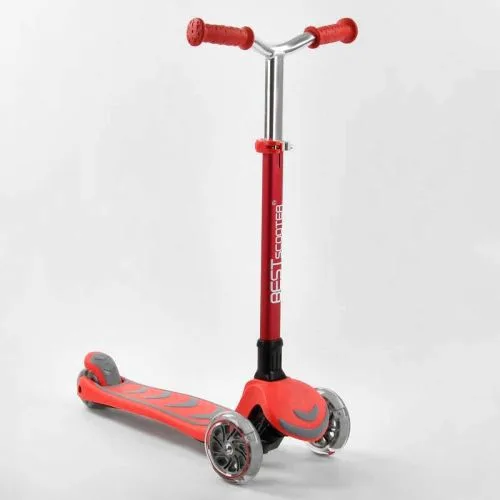Трехколесный самокат Best Scooter красный складной для детей с алюминиевым рулем и светящимися колесами.
