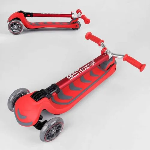 Трехколесный самокат Best Scooter красный складной для детей с алюминиевым рулем и светящимися колесами.