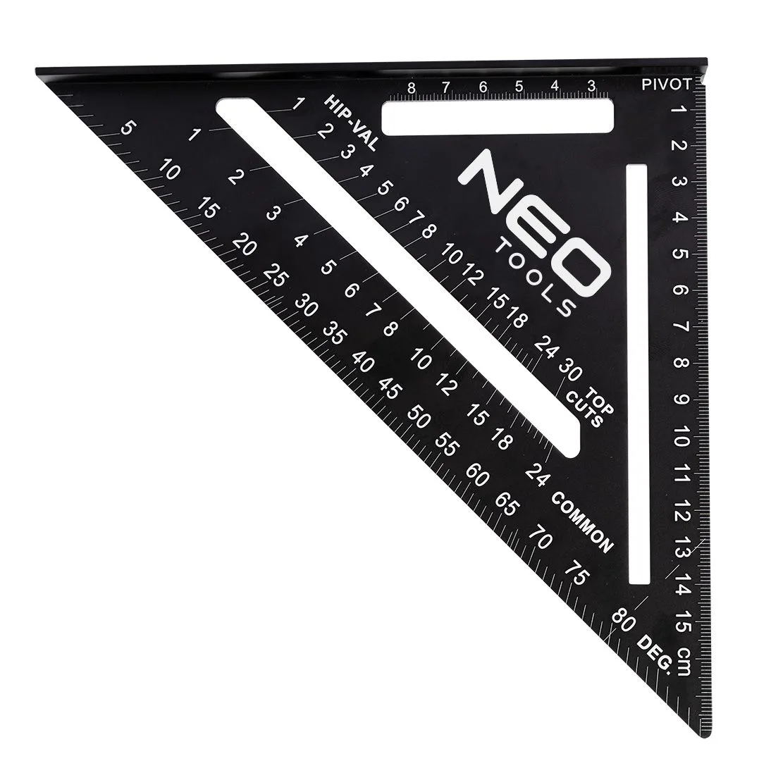 Кутник Neo Tools алюмінієвий 18,3x18,3x2,2 см для вимірювання кутів 45 90 градусів шкала сантиметри дюйми