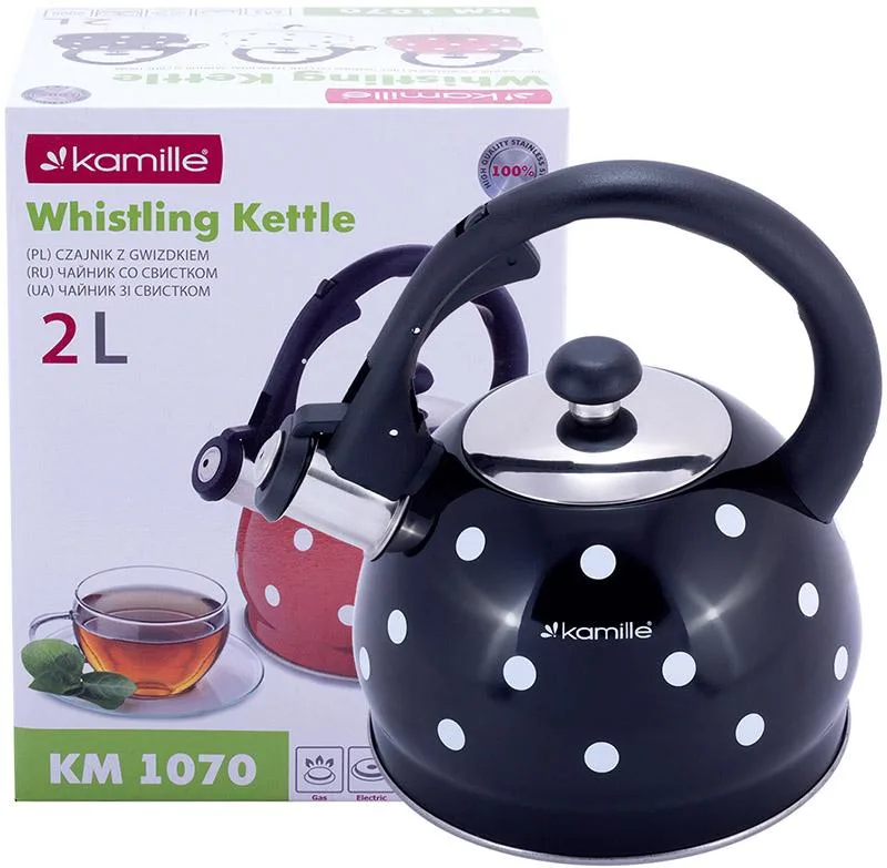 Чайник Kamille Polka Dot свистковый 2 л черный из нержавеющей стали