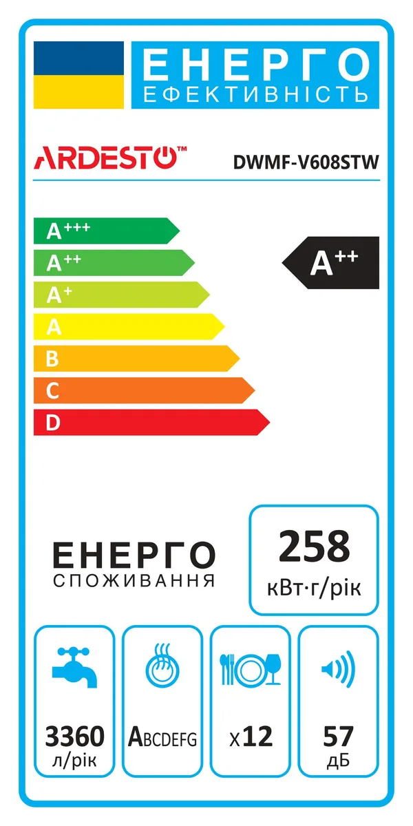 Посудомоечная машина ARDESTO, на 12 комплектов, класс энергопотребления А++, ширина 60 см, с дисплеем, паровая обработка, белая
