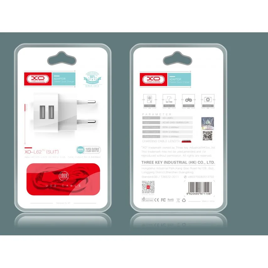 Мережевий зарядний пристрій XO 2USB 2,4A з кабелем Micro 1м Білий