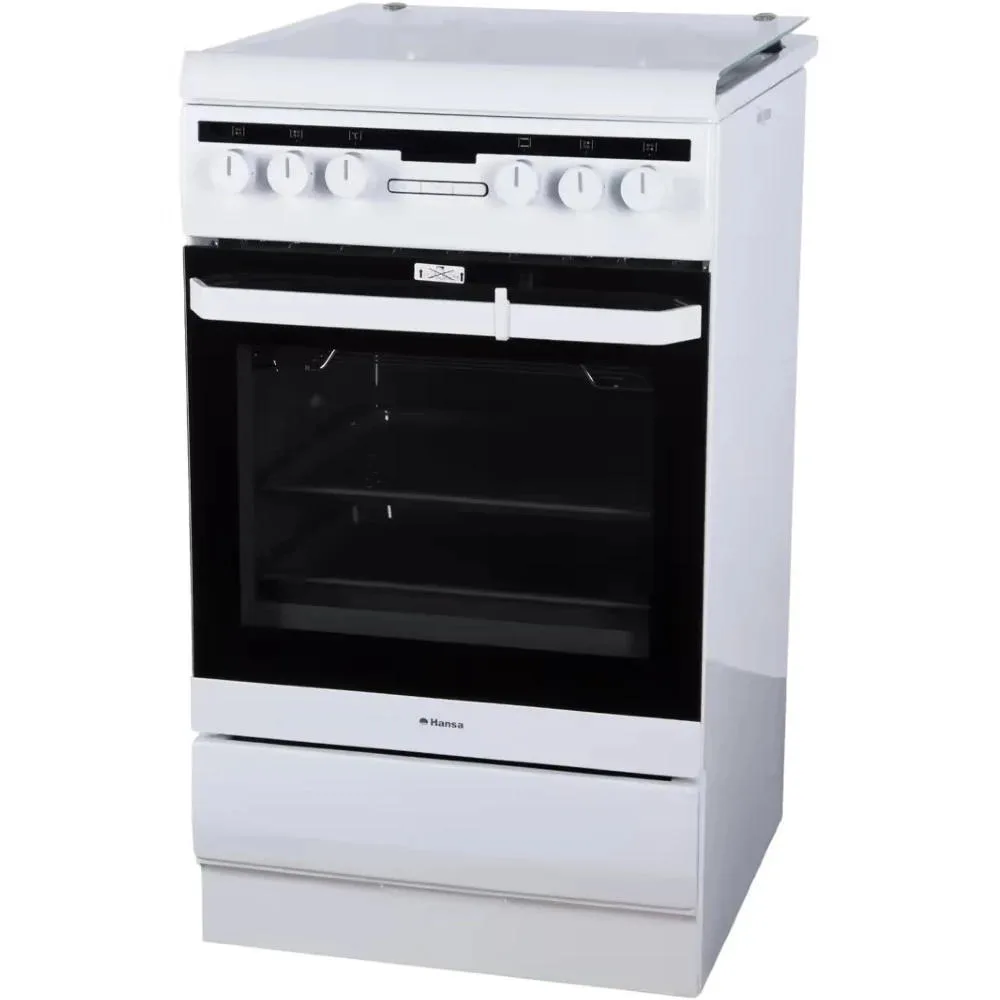 Комбінована плита Hansa, 50x60 см, 62 л, чавунні конфорки, газовий контроль, дисплей, білий.