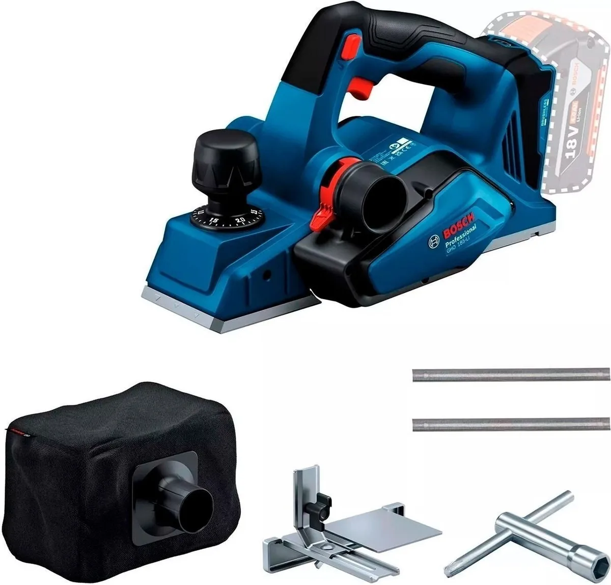 Акумуляторний рубанок Bosch Professional GHO 185-LI 18В, ширина стругання 82 мм, глибина стругання до 2.6 мм, паз до 9 мм, без бат