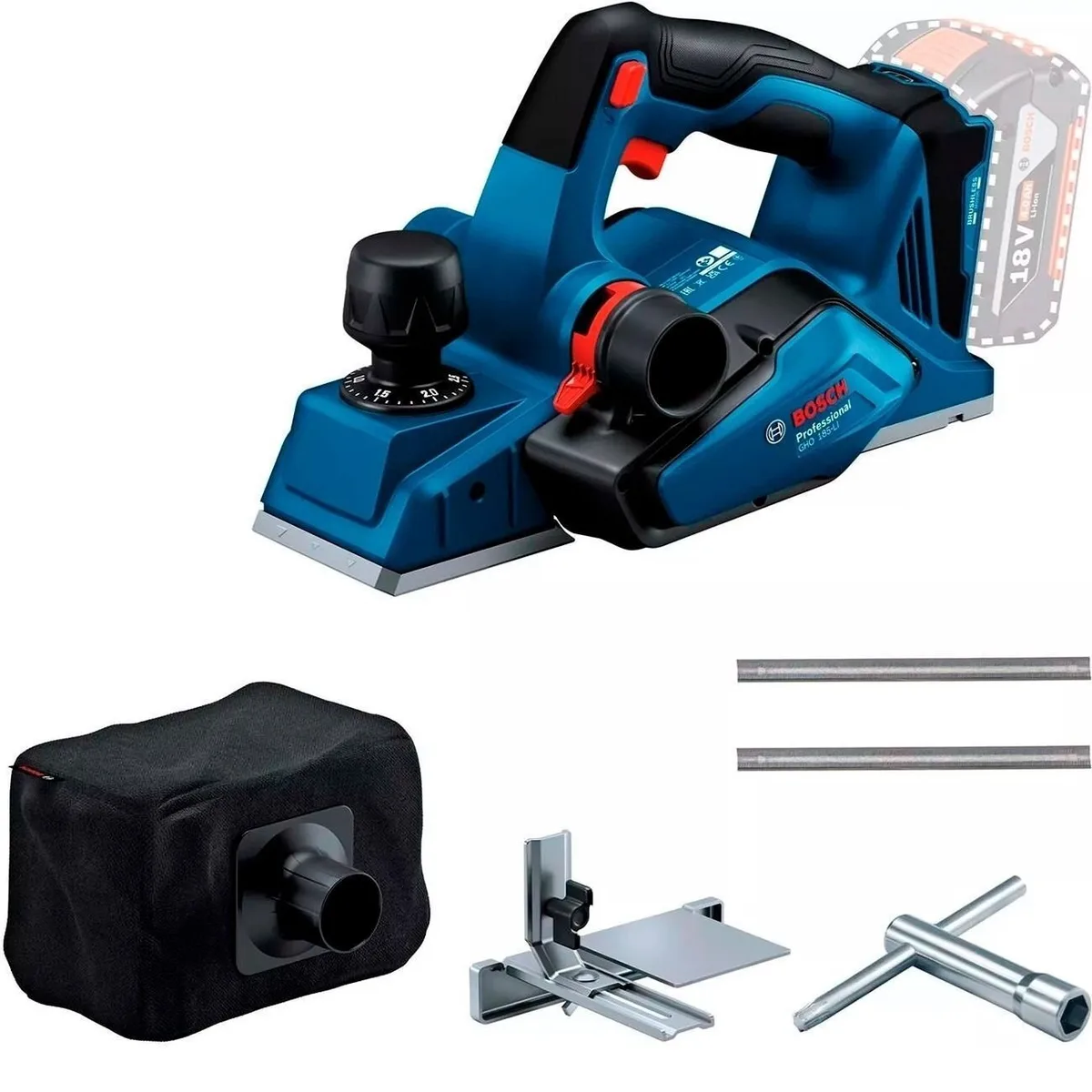 Аккумуляторный рубанок Bosch Professional GHO 185-LI 18В, ширина строгания 82 мм, глубина строгания до 26 мм, паз до 9 мм, без батареи и зарядного устройства
