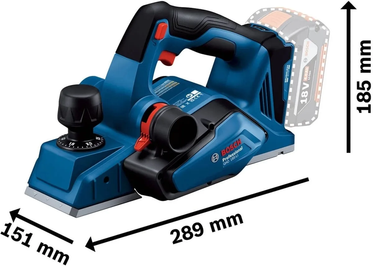 Аккумуляторный рубанок Bosch Professional GHO 185-LI 18В, ширина строгания 82 мм, глубина строгания до 26 мм, паз до 9 мм, без батареи и зарядного устройства
