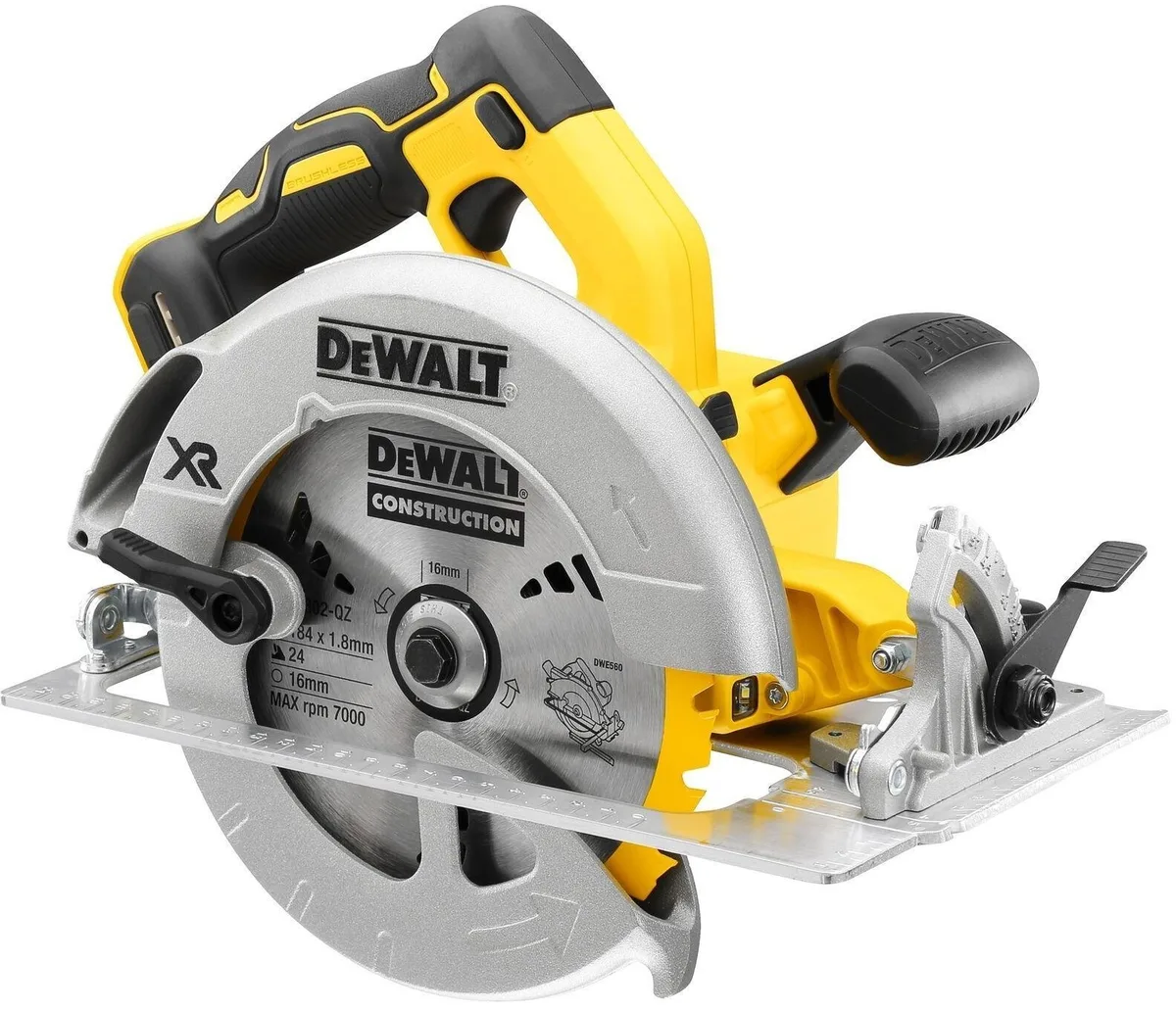 Акумуляторна дискова пила DeWalt 18В XR, діаметр 184 мм, швидкість 5500 об/хв, вага 3.6 кг, без батареї та зарядного пристрою.