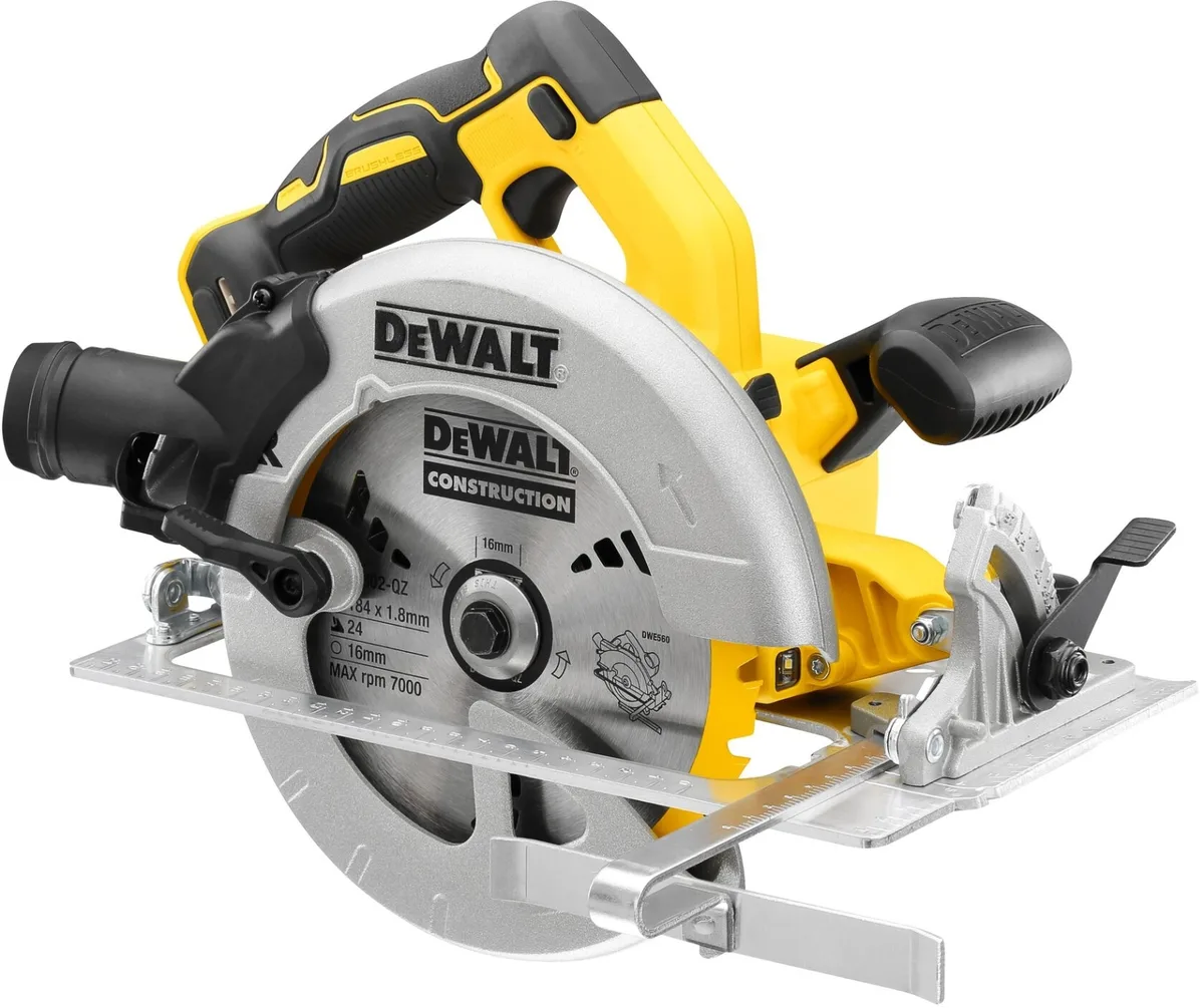 Акумуляторна дискова пила DeWalt 18В XR, діаметр 184 мм, швидкість 5500 об/хв, вага 3.6 кг, без батареї та зарядного пристрою.