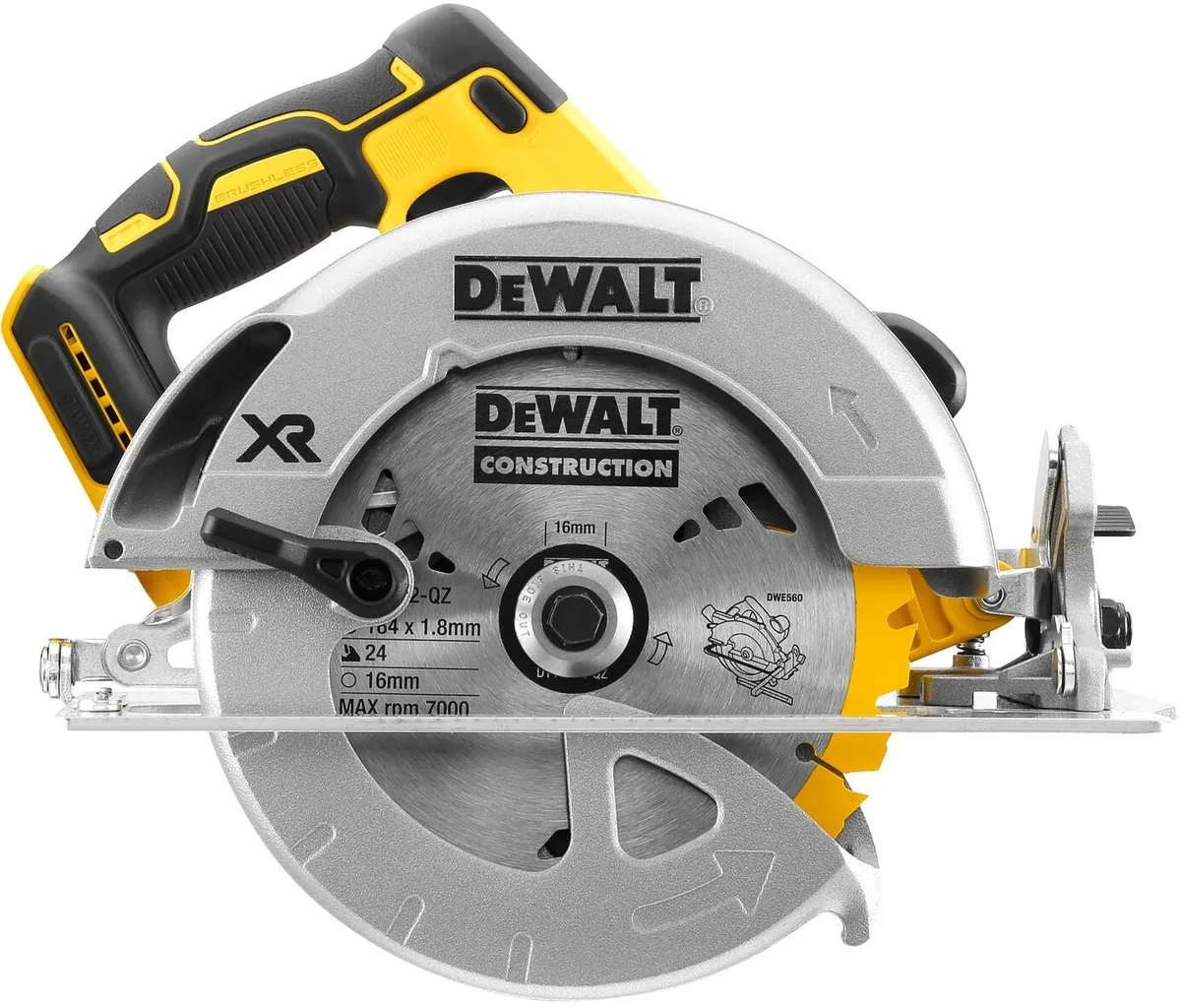 Акумуляторна дискова пила DeWalt 18В XR, діаметр 184 мм, швидкість 5500 об/хв, вага 3.6 кг, без батареї та зарядного пристрою.