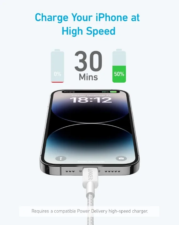 Кабель Anker USB-C to Lightning 1,8 м Нейлон Білий