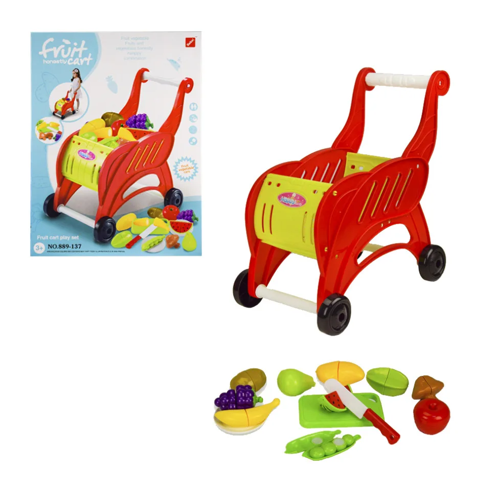 Продуктовая тележка Beibe Good Toys пластик 17,5х30х29,5 см разноцветная с продуктами на липучках 10 шт