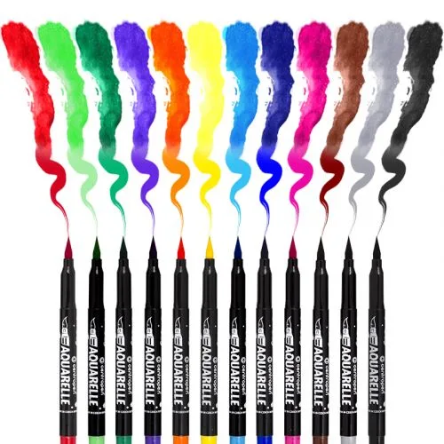 Акварельные фломастеры CENTROPEN 12 цветов с кистью для рисования и раскрашивания.