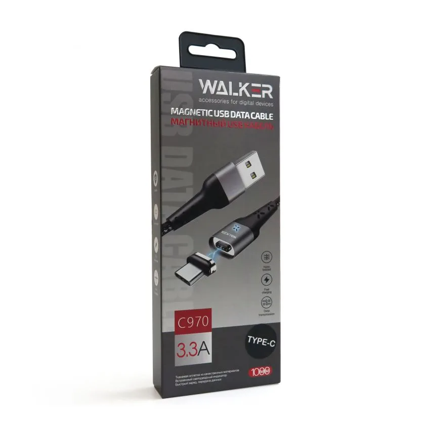Кабель USB Walker тканинний 1м чорний Type-C Magnetic