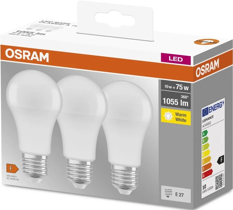 Набір ламп 3шт OSRAM LED E27 10Вт 2700К 1055Лм A60