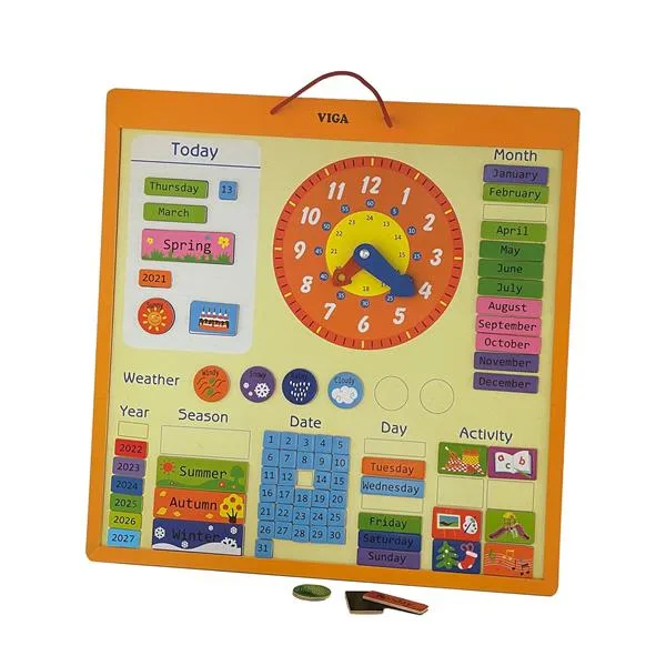 Magnetic Calendar Viga Toys Wood 46x46 cm Multicolor with Clock