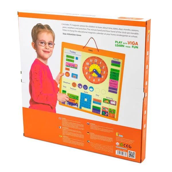 Magnetic Calendar Viga Toys Wood 46x46 cm Multicolor with Clock